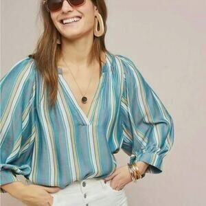 Maeve by Anthropologie Brenda Women's Striped Popover Balloon Sleeve Blouse 2X